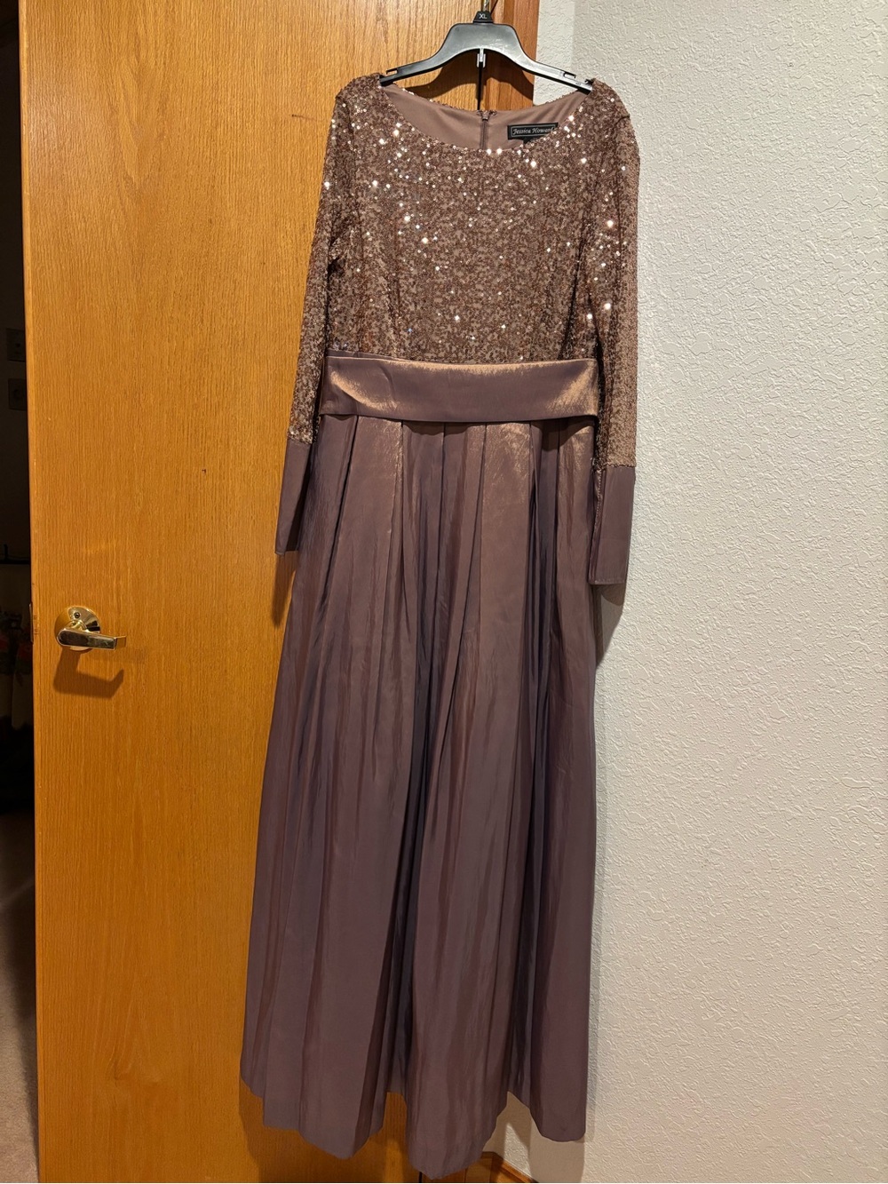 Elegant Taupe Sequin & Chiffon Long Dress